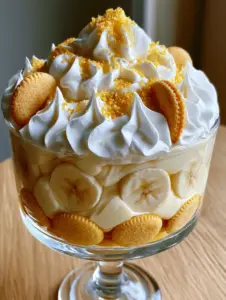 Close-up of thick ivory vanilla custard and firm banana slices in a glass bowl for a banana pudding recipe.