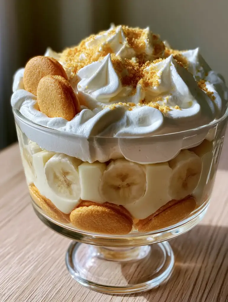 Stiff-peaked whipped cream cloud topped with wafer crumbs and whole vanilla wafers for a banana pudding recipe.