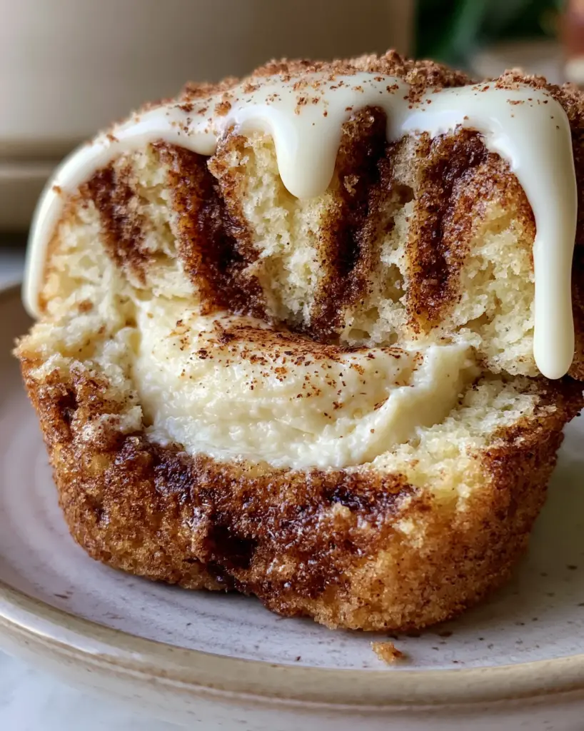 Zimt Cheesecake Muffins with glossy cream cheese glaze dripping down the golden-brown muffin crumb.