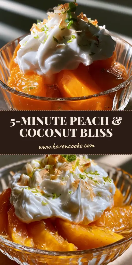 A close-up of Peach & Coconut Cream in a fluted bowl, showing oversized peach wedges and thick whipped cream topped with lime zest. (Peach & Coconut Cream)