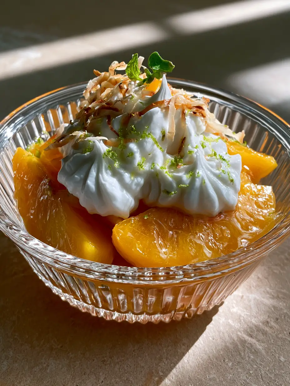 A smartphone photo of Peach & Coconut Cream featuring glistening orange peaches and snow-white whipped cream in golden hour light. (Peach & Coconut Cream)