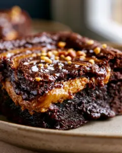 Macro close-up of a cut peanut butter brownie showing a gooey, moist chocolate center and a thick glossy peanut butter ribbon (peanut butter brownie recipe).