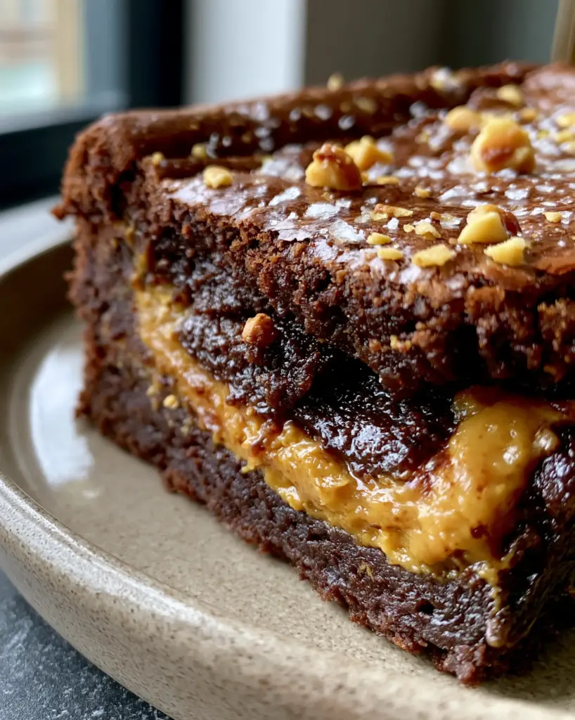 Peanut Butter Brownie Recipe: The Ultimate Ultra-Fudgy Swirl with a Shiny Crinkle Top 1 Top view of a brownie with a delicate shiny crinkle crust, chopped peanuts, and flaky sea salt.