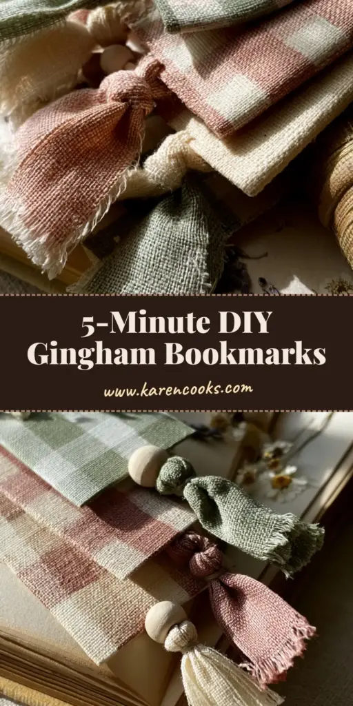 A stack of three handmade gingham bookmarks in sage green and dusty rose with linen tassels and pressed daisies. (gingham bookmarks)