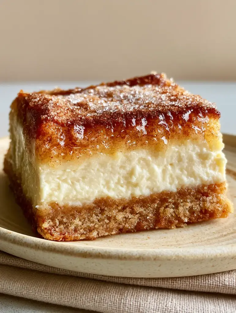 Snickerdoodle Cheesecake Bars with a Crackly Cinnamon-Sugar Topping 2 Close-up eye-level shot of a single perfectly sliced snickerdoodle cheesecake bar with visible sugar crystals. (snickerdoodle cheesecake bars)