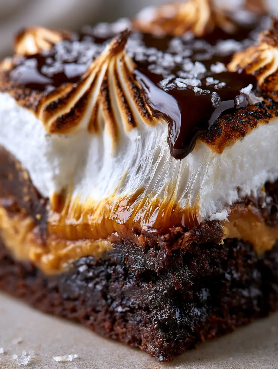 Marshmallow Peanut Butter Brownies: The Ultimate Fudgy, Gooey, and Toasted Masterpiece 3 Extreme macro close-up of Marshmallow Peanut Butter Brownies showing the dense chocolate texture and webbed marshmallow strands.