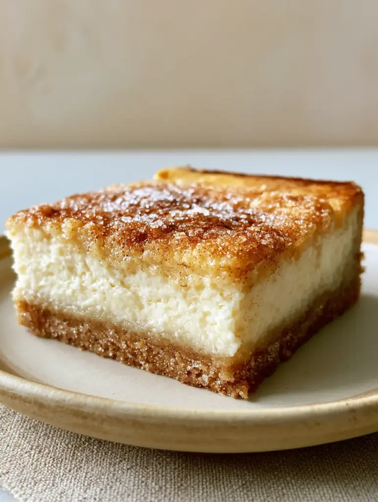 Snickerdoodle Cheesecake Bars with a Crackly Cinnamon-Sugar Topping 1 Detailed view of the caramelized cinnamon-sugar crackle topping on snickerdoodle cheesecake bars.