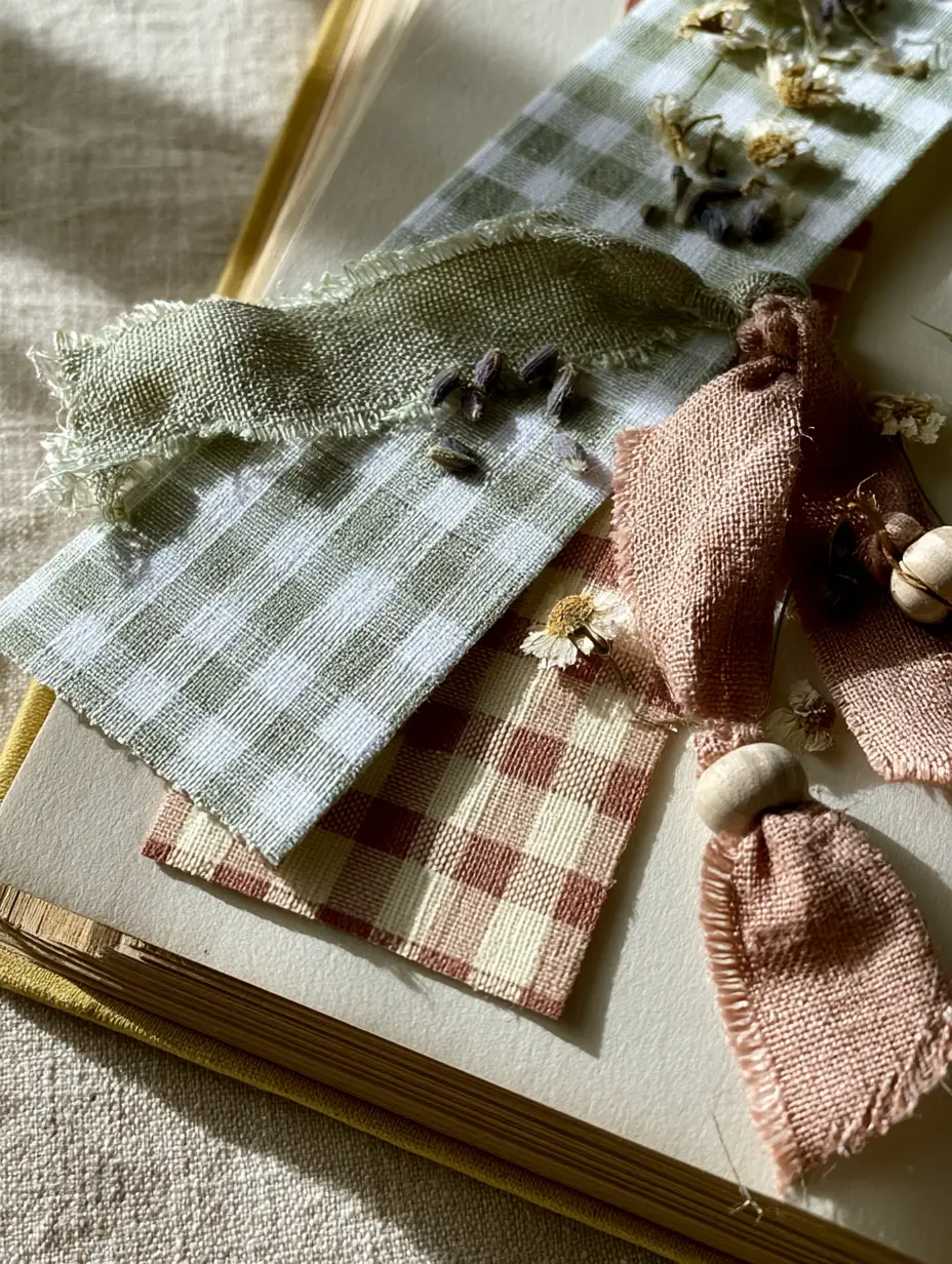 Macro close-up of heavy-weight watercolor paper texture and frayed linen ribbon on gingham bookmarks. (gingham bookmarks)
