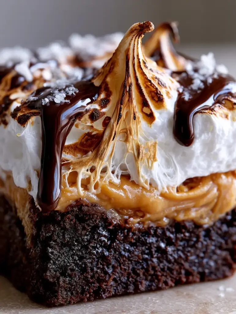 Marshmallow Peanut Butter Brownies: The Ultimate Fudgy, Gooey, and Toasted Masterpiece 1 Close-up of toasted marshmallow fluff with golden-brown charred spots and glossy chocolate drizzle on a peanut butter brownie slice.