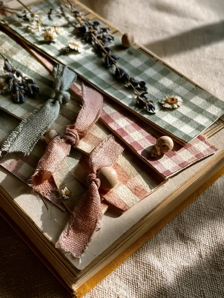 Aesthetic bookmarks featuring pressed daisies and lavender buds scattered on a neutral beige background.