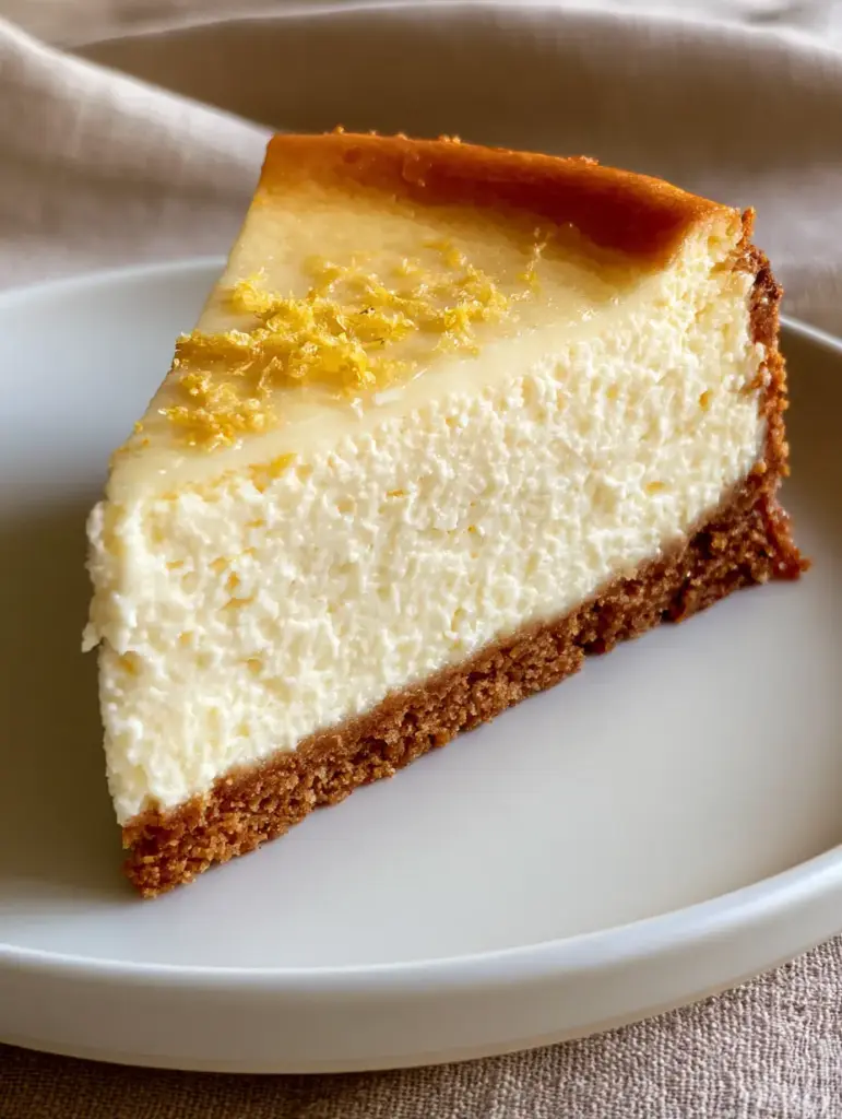 New York Cheesecake Recipe: How to Bake a Flawless, Golden-Blushed Masterpiece 2 A handheld smartphone photo showing a dense ivory filling and clean cut edge of a New York cheesecake recipe.
