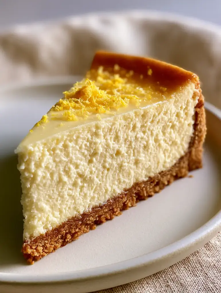 New York Cheesecake Recipe: How to Bake a Flawless, Golden-Blushed Masterpiece 1 A top-down view of a smooth golden-blushed cheesecake surface with fresh lemon zest garnish.