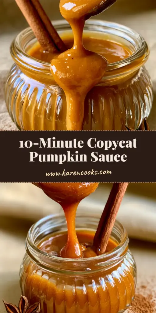 A handheld photo of thick, velvety pumpkin pie sauce dripping from a wooden spoon into a glass jar.