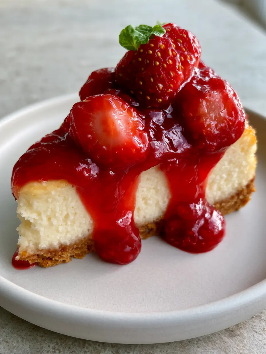 Close-up of velvety New York cheesecake with deep-crimson strawberry sauce and tiny yellow seeds. (strawberry sauce recipe)