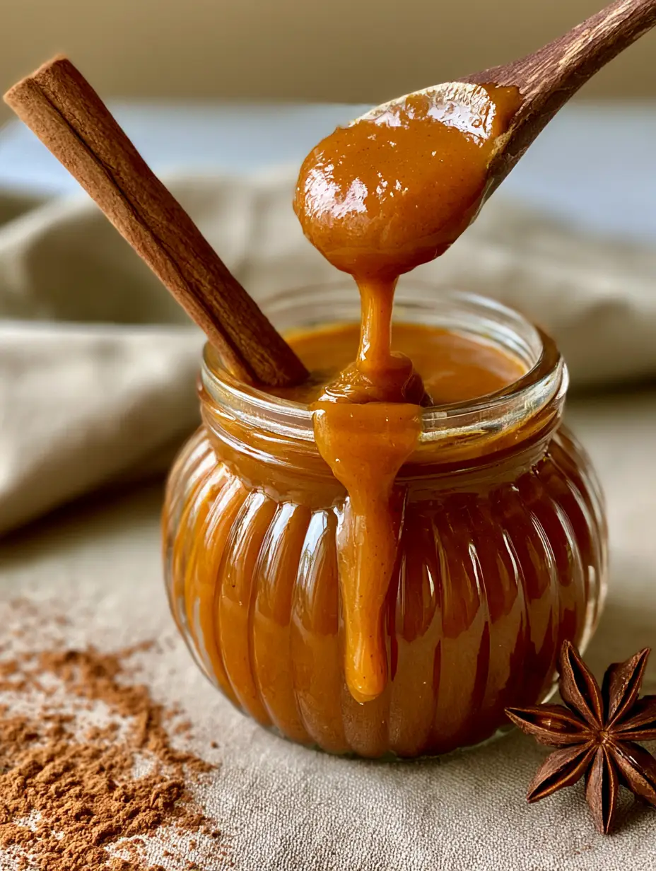 Close-up of glossy pumpkin pie sauce in a ribbed glass jar with a cinnamon stick garnish.