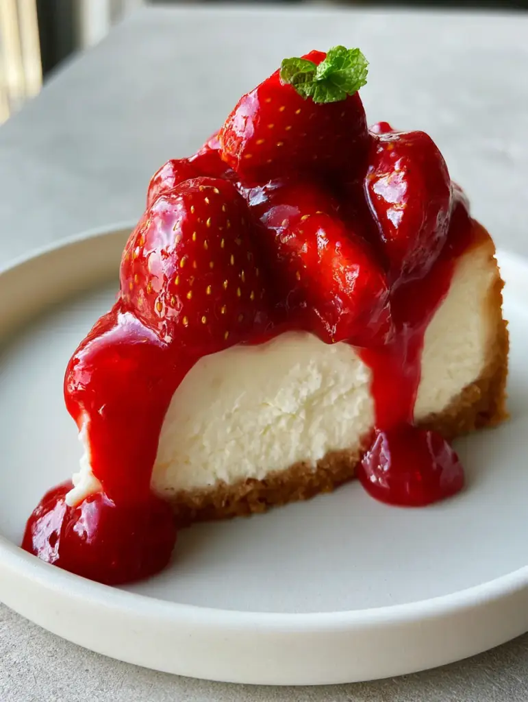 Side view of a cheesecake slice showing the thick texture of the strawberry sauce recipe and golden crust.