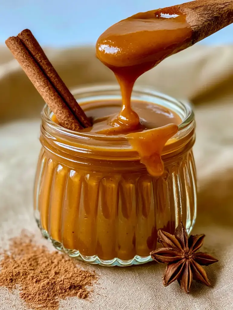 Top view of smooth pumpkin pie sauce with a star anise pod and cinnamon dusting.