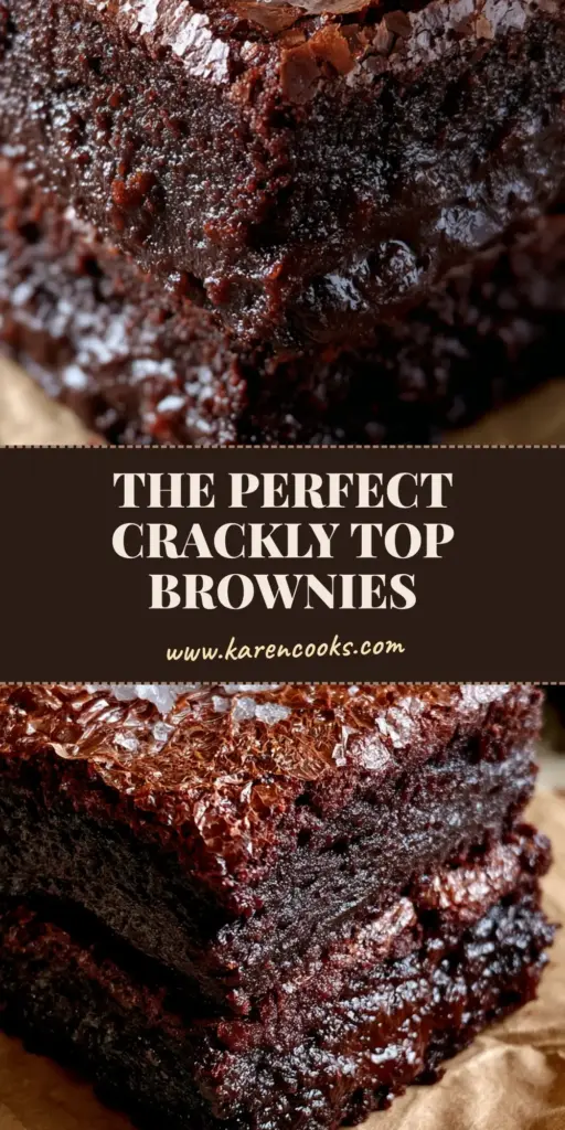 A stack of two thick, square chocolate brownies with a crackly top and sea salt on parchment paper. (brownies recipe)