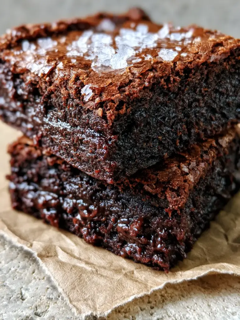 Side view of a thick brownie showing a dense, dark mahogany cocoa interior and salt crystals. (brownies recipe)