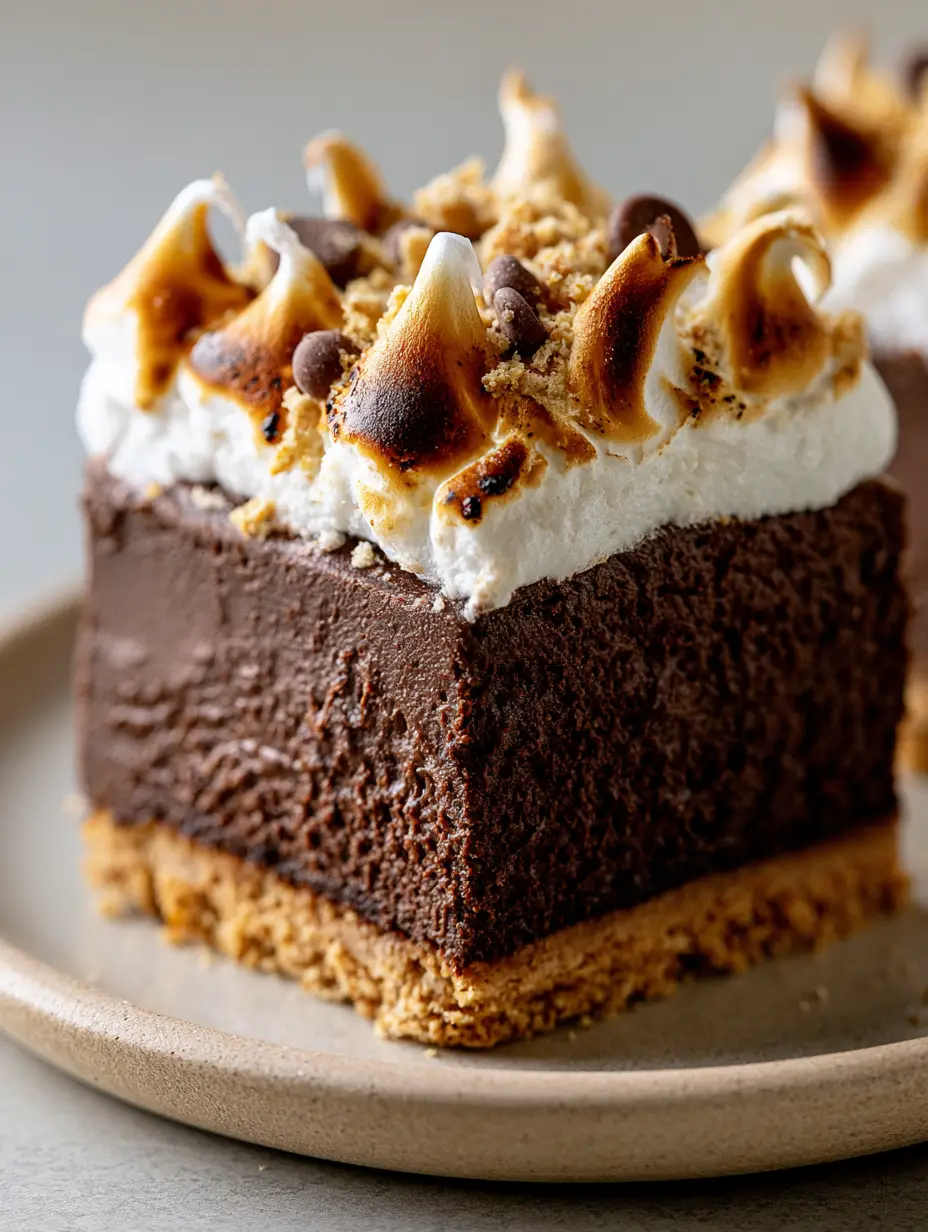 Close-up of a s’mores cheesecake bar showing the distinct crumbly, chocolate, and marshmallow layers.