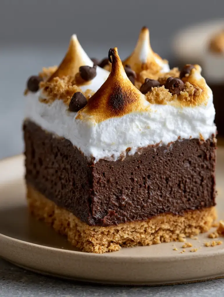 Smartphone style photo of s’mores cheesecake bars on a ceramic plate with charred marshmallow topping.