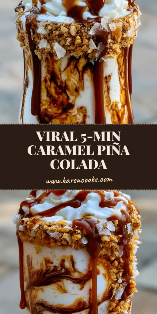 A tall, frosty salted caramel pretzel piña colada with thick caramel drips and a salty pretzel rim in natural daylight.