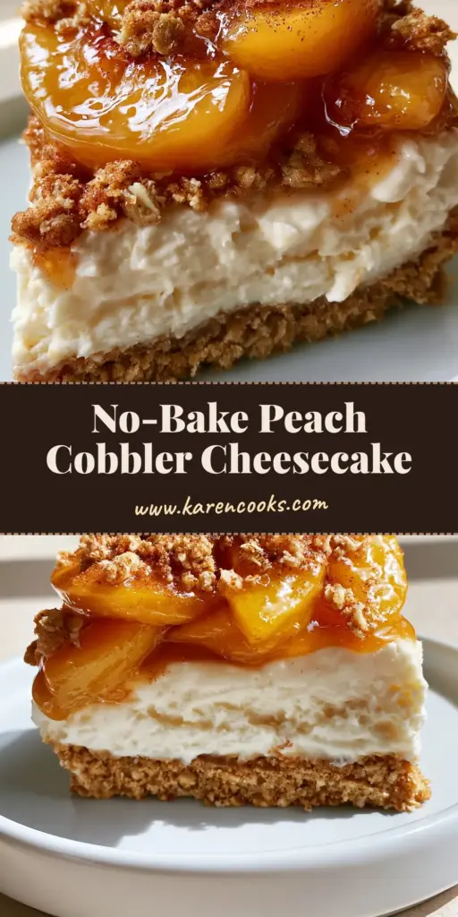 Peach Cobbler Cheesecake: The Ultimate No-Bake Summer Dessert 4 A handheld vertical slice of no-bake Peach Cobbler Cheesecake showing the thick graham cracker crust, velvety filling, and glistening amber caramelized peaches.