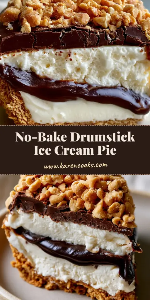 A slice of no-bake drumstick ice cream pie with a crackled chocolate shell and peanut topping. (Drumstick pie recipe)