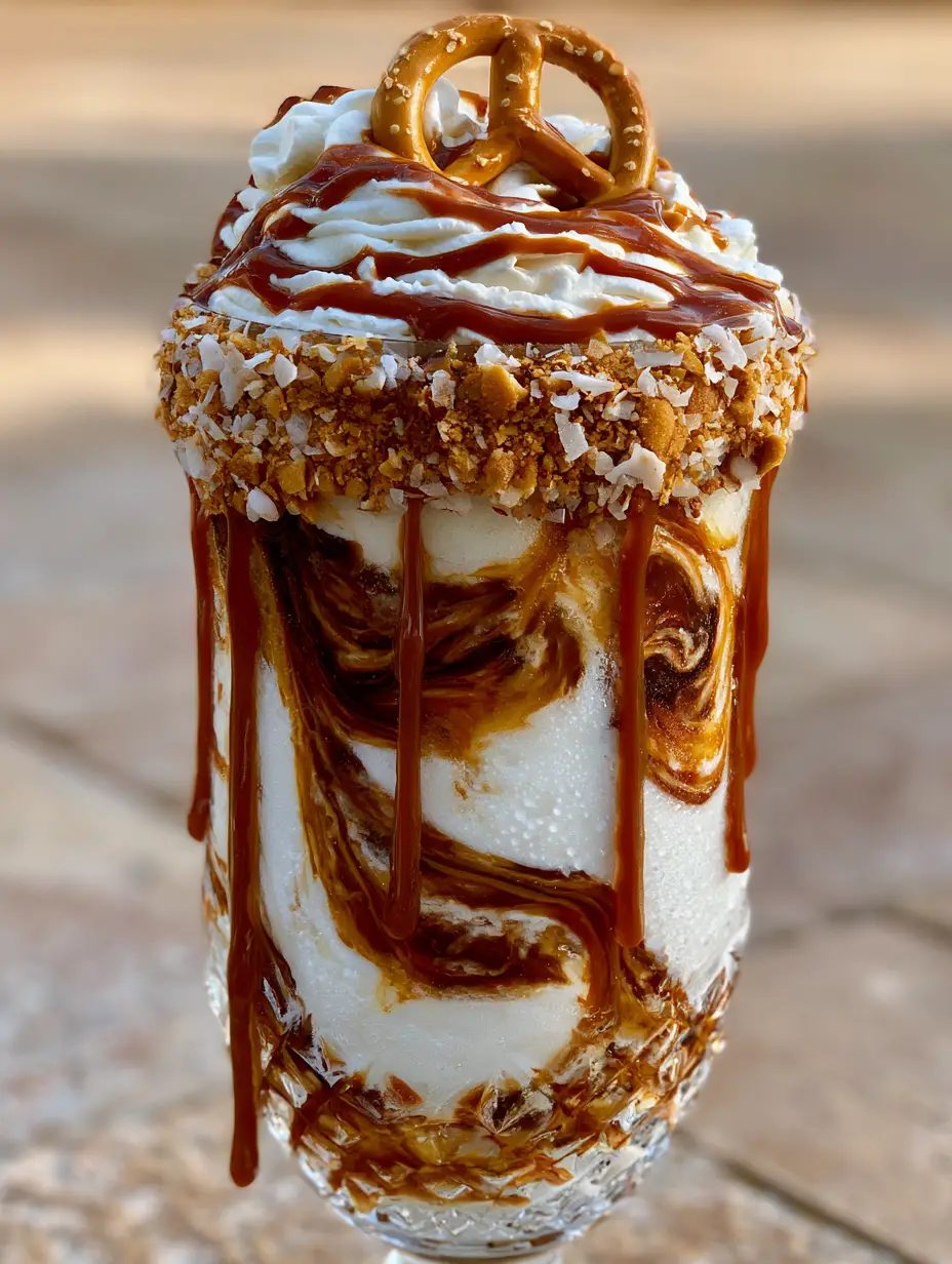 Close-up of a salted caramel pretzel piña colada showing the thick whipped cream and marbled caramel ribbons.