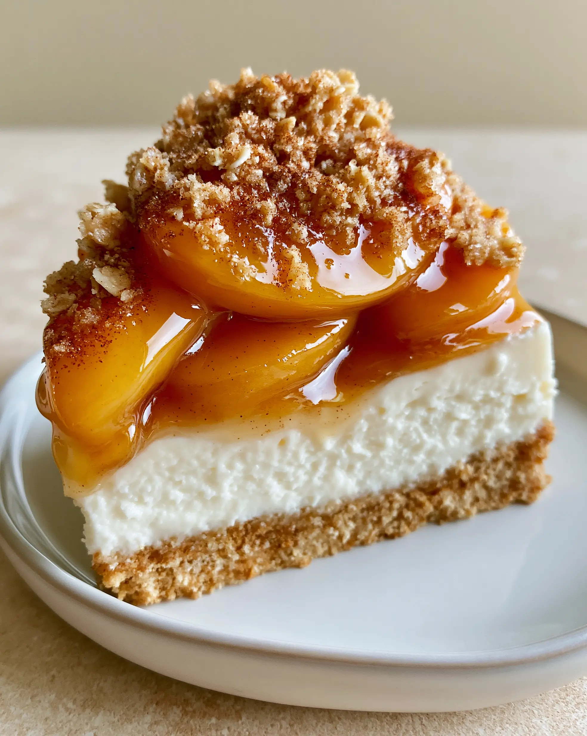 Peach Cobbler Cheesecake: The Ultimate No-Bake Summer Dessert 3 Close-up of the glistening amber cinnamon glaze and caramelized peach slices on top of a Peach Cobbler Cheesecake.