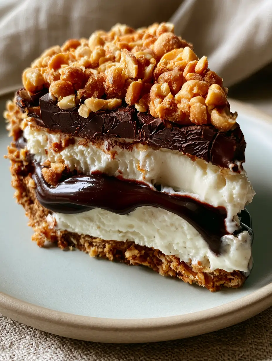 Ultra-close-up of a slice of Drumstick pie showing the fudge ribbon and waffle crust. (Drumstick pie recipe)