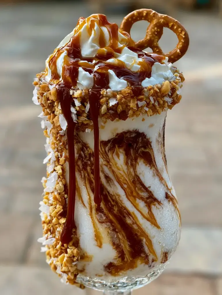 Two salted caramel pretzel piña coladas on a stone patio background with glistening condensation on the crystal glasses.