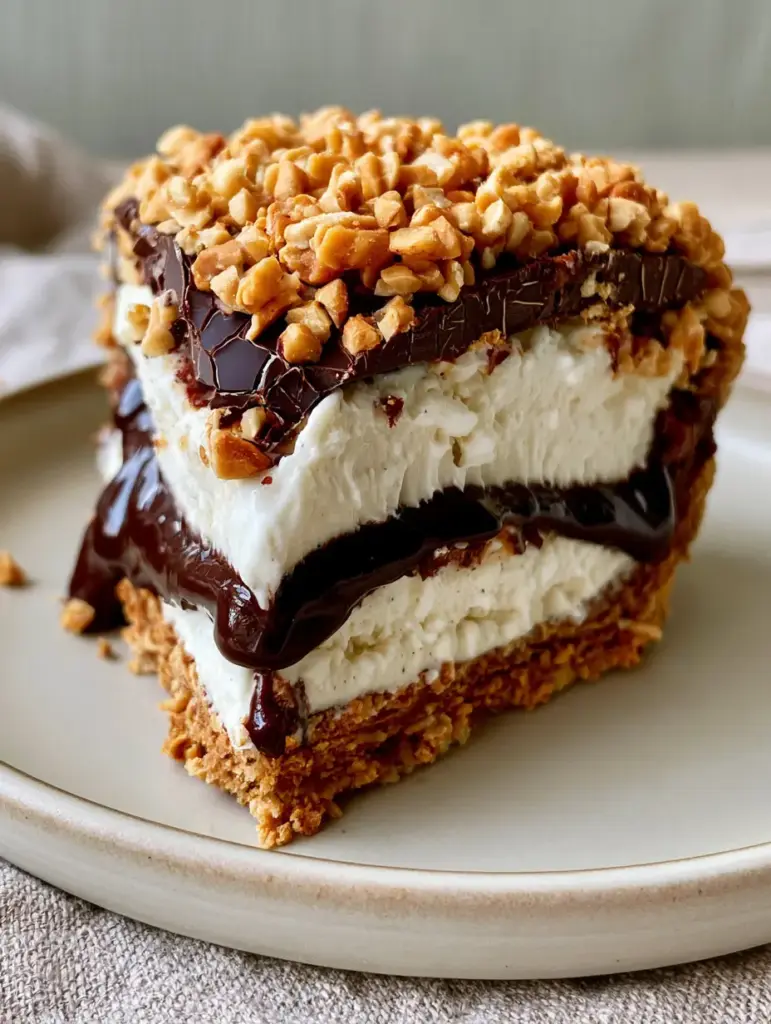 Close up of the glossy dark chocolate shell and roasted peanut topping on a frozen pie. (Drumstick pie recipe)