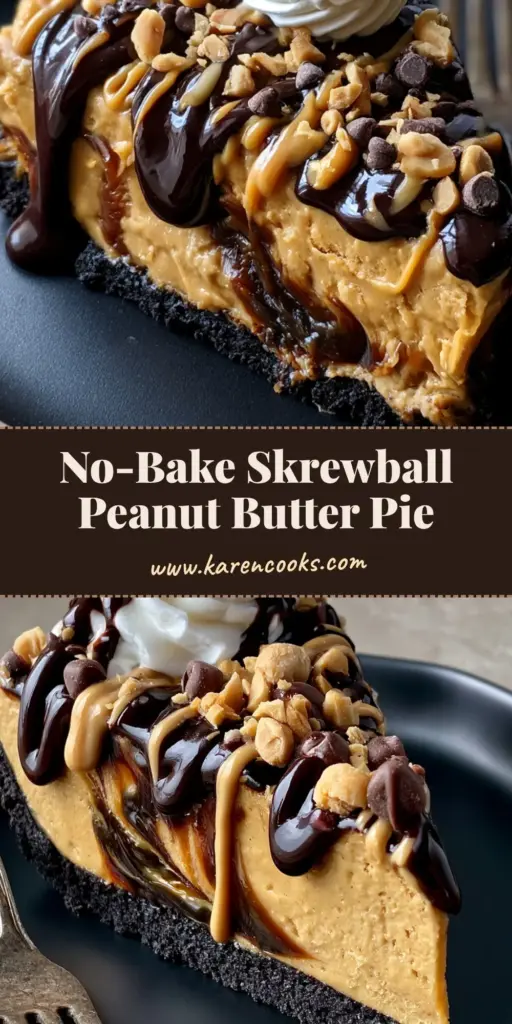 A thick slice of skrewball peanut butter pie with chocolate crust and drizzled fudge on a matte black plate. (skrewball peanut butter pie)