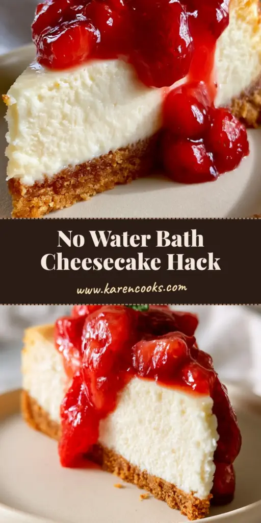 Homemade Cheesecake with Glossy Strawberry Compote: The Ultimate Velvety NY Style Recipe 4 A handheld smartphone photo of a pristine slice of Homemade Cheesecake with a thick graham cracker crust and glossy strawberry compote on a cream plate.