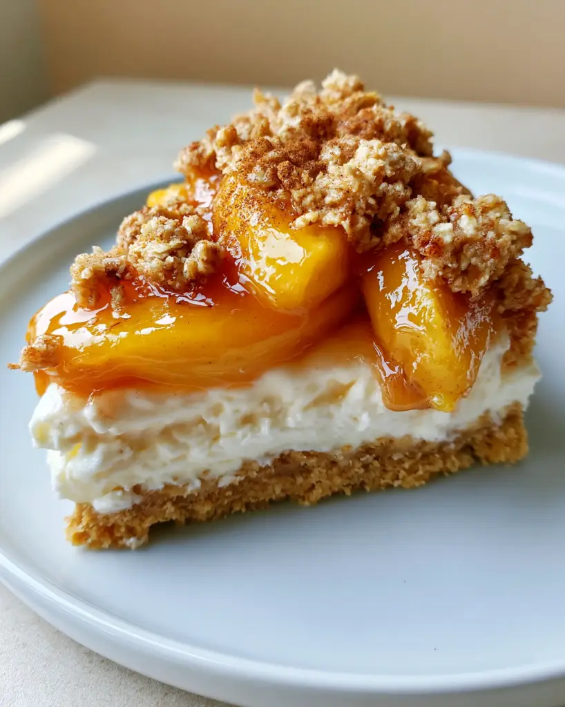 Peach Cobbler Cheesecake: The Ultimate No-Bake Summer Dessert 1 Side view of a Peach Cobbler Cheesecake slice showing the distinct layers of compacted crust, velvety white filling, and golden oat crumble.