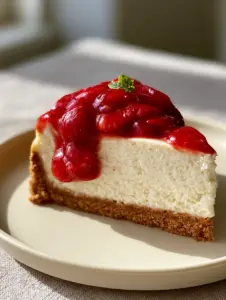 Close-up of a Homemade Cheesecake slice showing the dense, velvety ivory-white filling and thick toasted graham cracker crust.