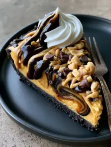 Close up photo of a slice of no-bake peanut butter pie with Skrewball whiskey filling. (skrewball peanut butter pie)