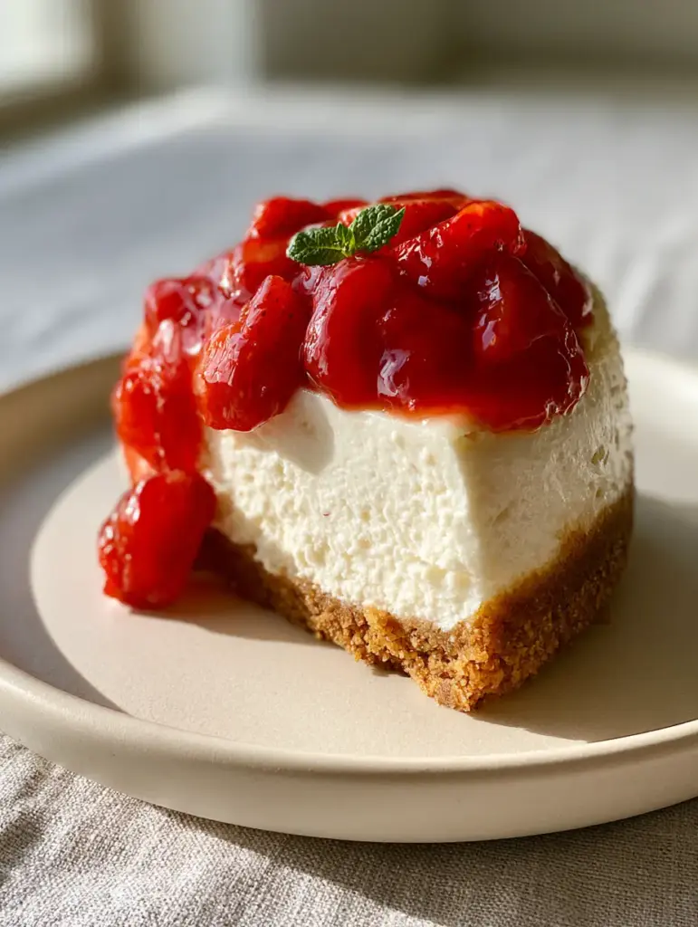 Homemade Cheesecake with Glossy Strawberry Compote: The Ultimate Velvety NY Style Recipe 1 A single slice of Homemade Cheesecake with glossy strawberry compote cascading down the edge, garnished with a mint leaf.