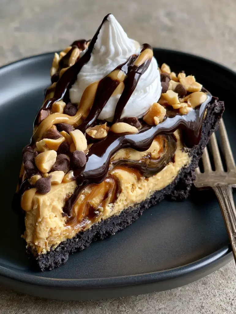 Handheld photo showing the piped whipped cream and mini chocolate chips on the skrewball peanut butter pie.