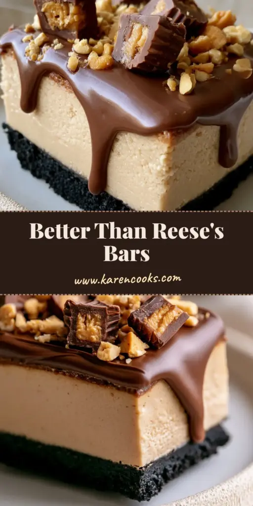 The Ultimate No-Bake Peanut Butter Cheesecake with Chocolate Ganache 4 A thick slice of peanut butter cheesecake with chocolate ganache drip and Reese's topping on a white plate. (peanut butter cheesecake)
