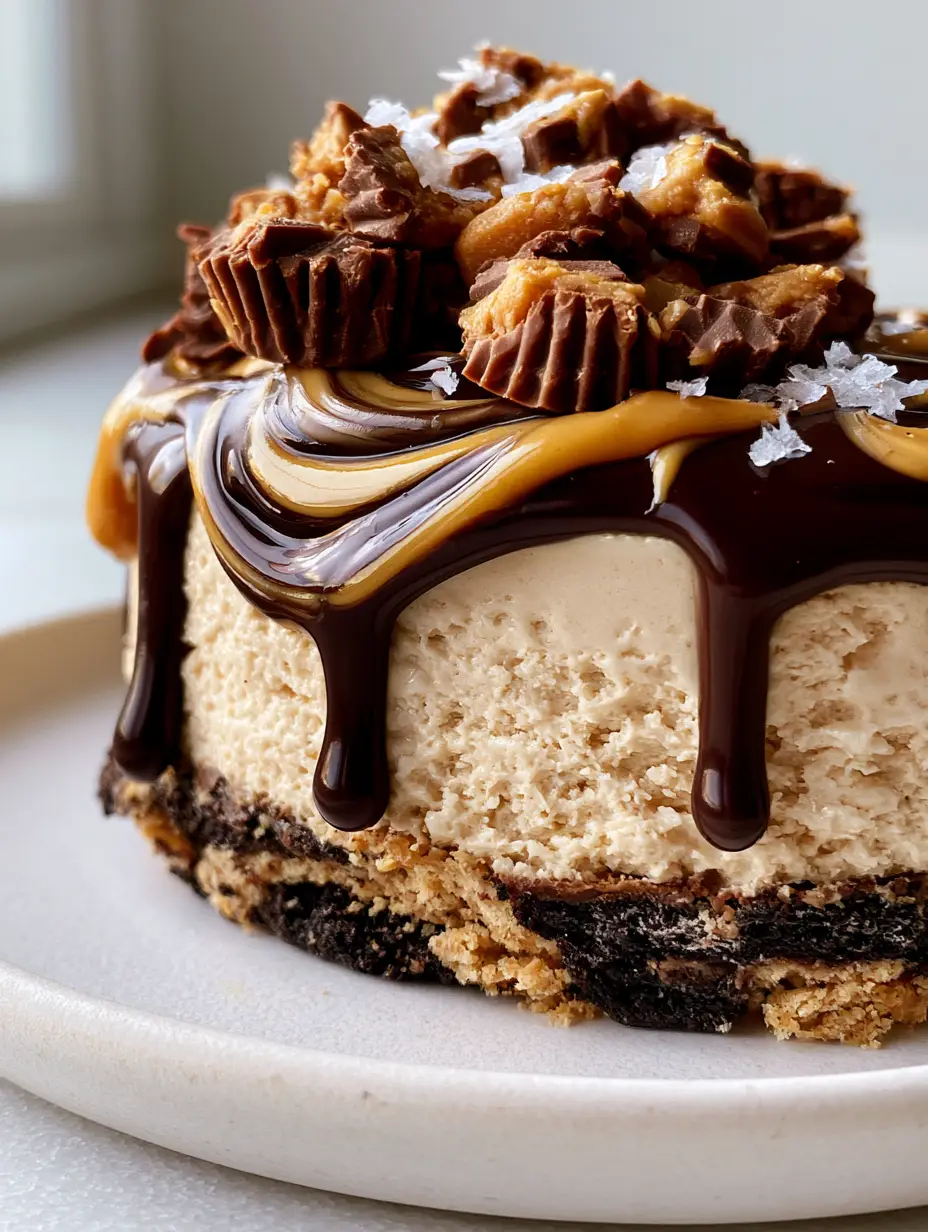 The Ultimate No-Bake Peanut Butter Cheesecake with Chocolate Ganache 3 Macro side-profile of a no-bake peanut butter cheesecake slice showing the airy mousse texture and chocolate crust. (peanut butter cheesecake)
