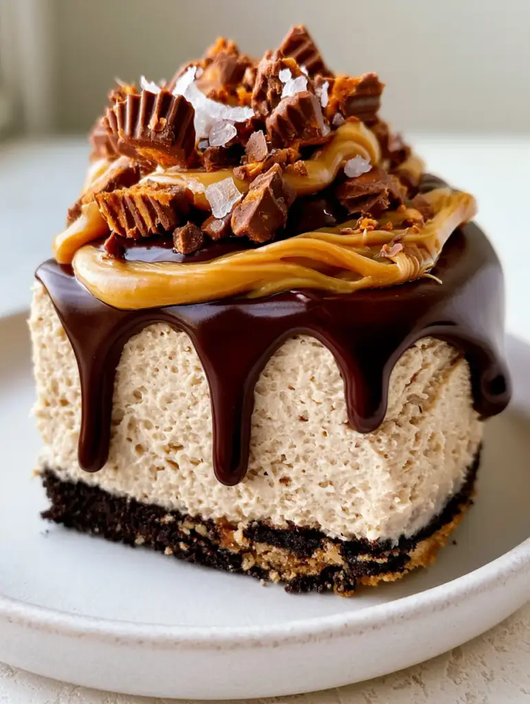The Ultimate No-Bake Peanut Butter Cheesecake with Chocolate Ganache 1 A close up shot of a thick slice of peanut butter cheesecake with glossy chocolate ganache dripping down the side.