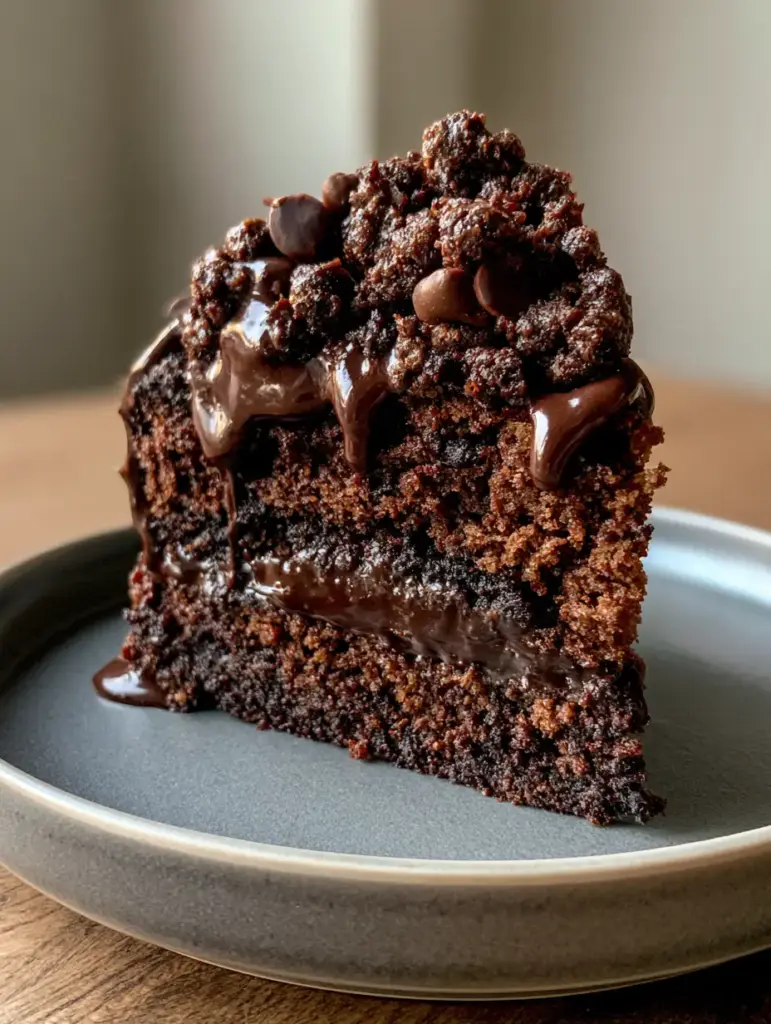 A top-down view of the thick buttery chocolate streusel and glossy glaze drizzle on the chocolate coffee cake.