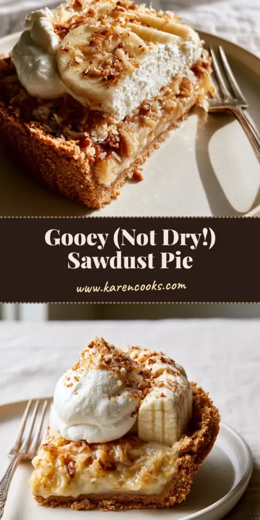 Sawdust Pie: The Gooey Southern Classic with Toasted Coconut and Pecans 4 A close-up vertical shot of a slice of sawdust pie topped with whipped cream and bananas, highlighting the gooey custard filling. (sawdust pie)