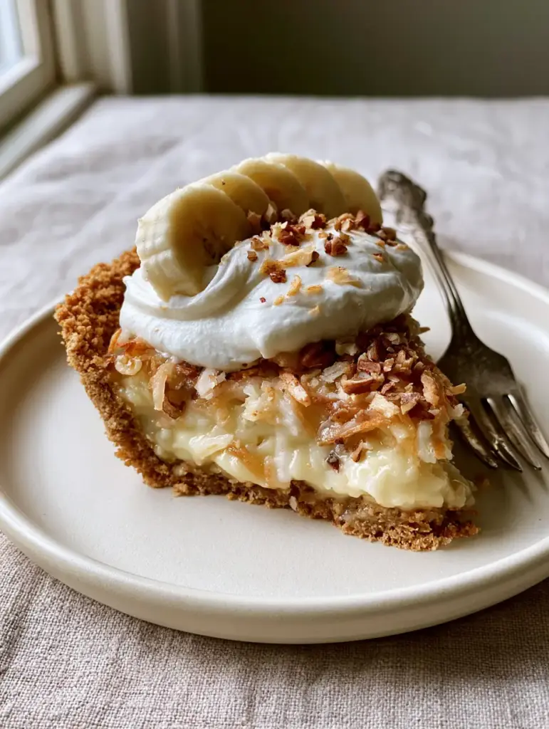 Sawdust Pie: The Gooey Southern Classic with Toasted Coconut and Pecans 2 An eye-level close-up of a sawdust pie slice showing the thick graham cracker crust and glistening coconut filling. (sawdust pie)