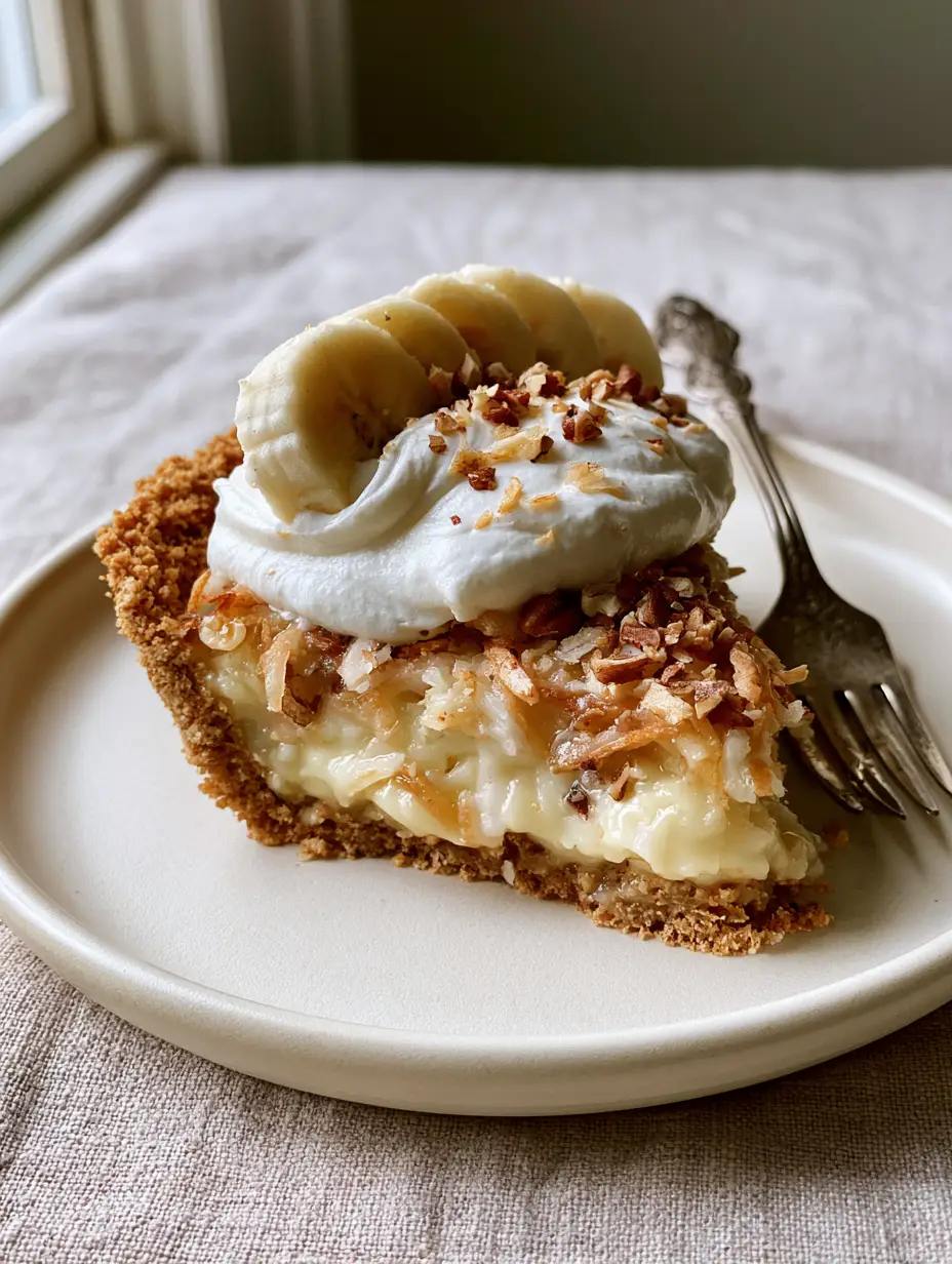 Sawdust Pie: The Gooey Southern Classic with Toasted Coconut and Pecans 3 An eye-level close-up of a sawdust pie slice showing the thick graham cracker crust and glistening coconut filling. (sawdust pie)