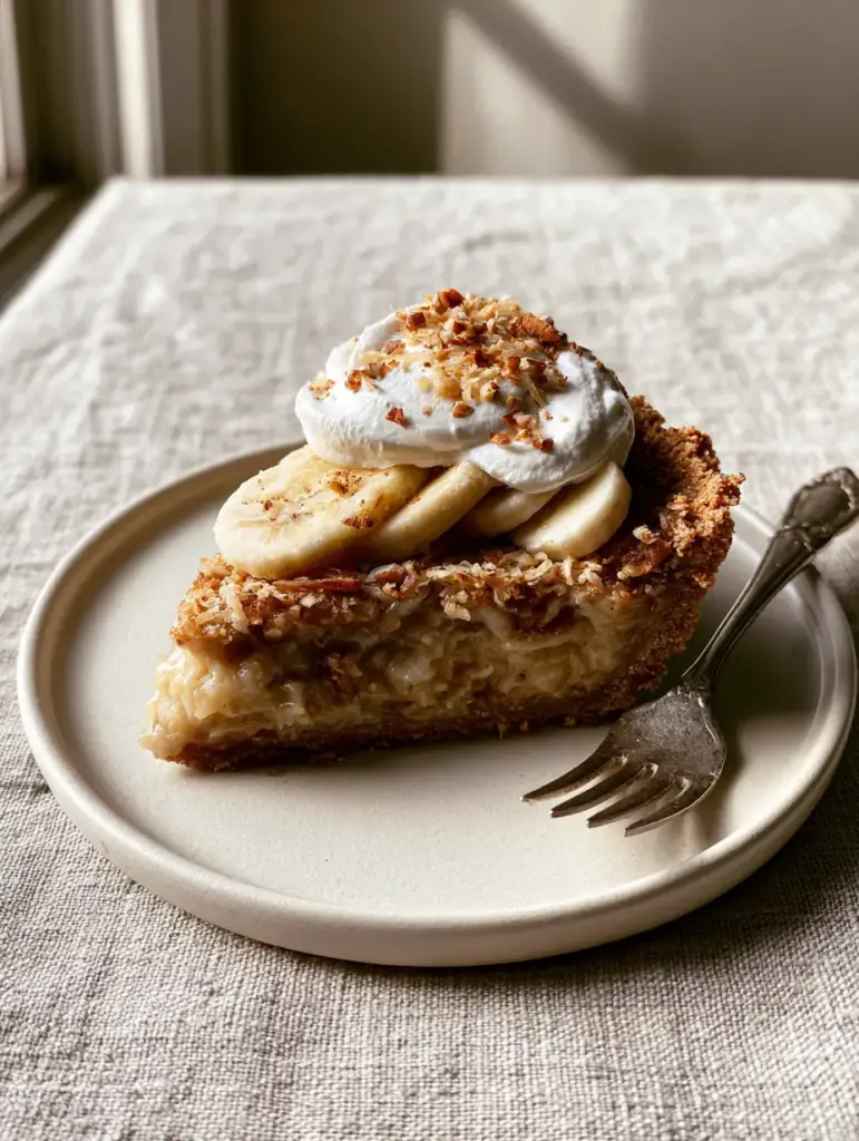 Sawdust Pie: The Gooey Southern Classic with Toasted Coconut and Pecans 1 A detailed shot of sawdust pie garnished with banana rounds, whipped cream, and toasted pecans on a white plate.