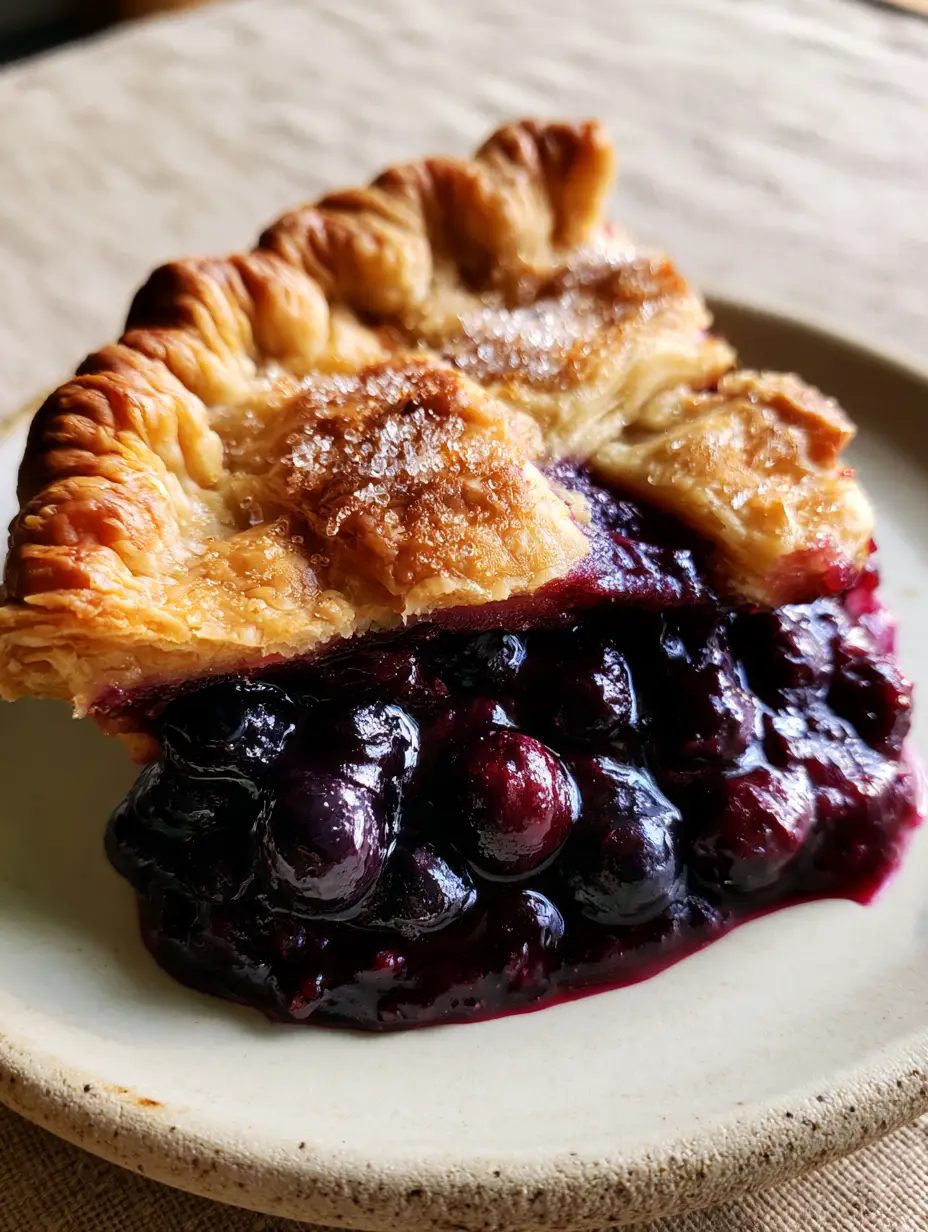 A slice of warm blueberry pie on a rustic plate showing the thick, glossy deep-purple filling and whole berries. (blueberry pie)