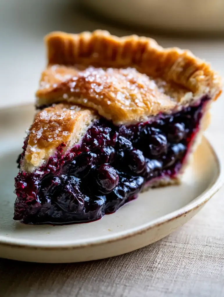 Overhead view of a slice of blueberry pie showing the flaky layers of the butter pastry and crimped edge.